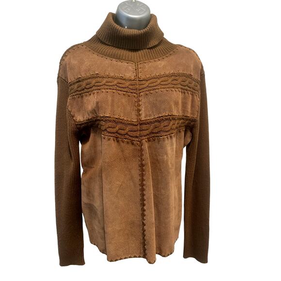 'High Point' Brown Knit and Suede Accent Panel Turtleneck Sweater Women's Large - Picture 1 of 11